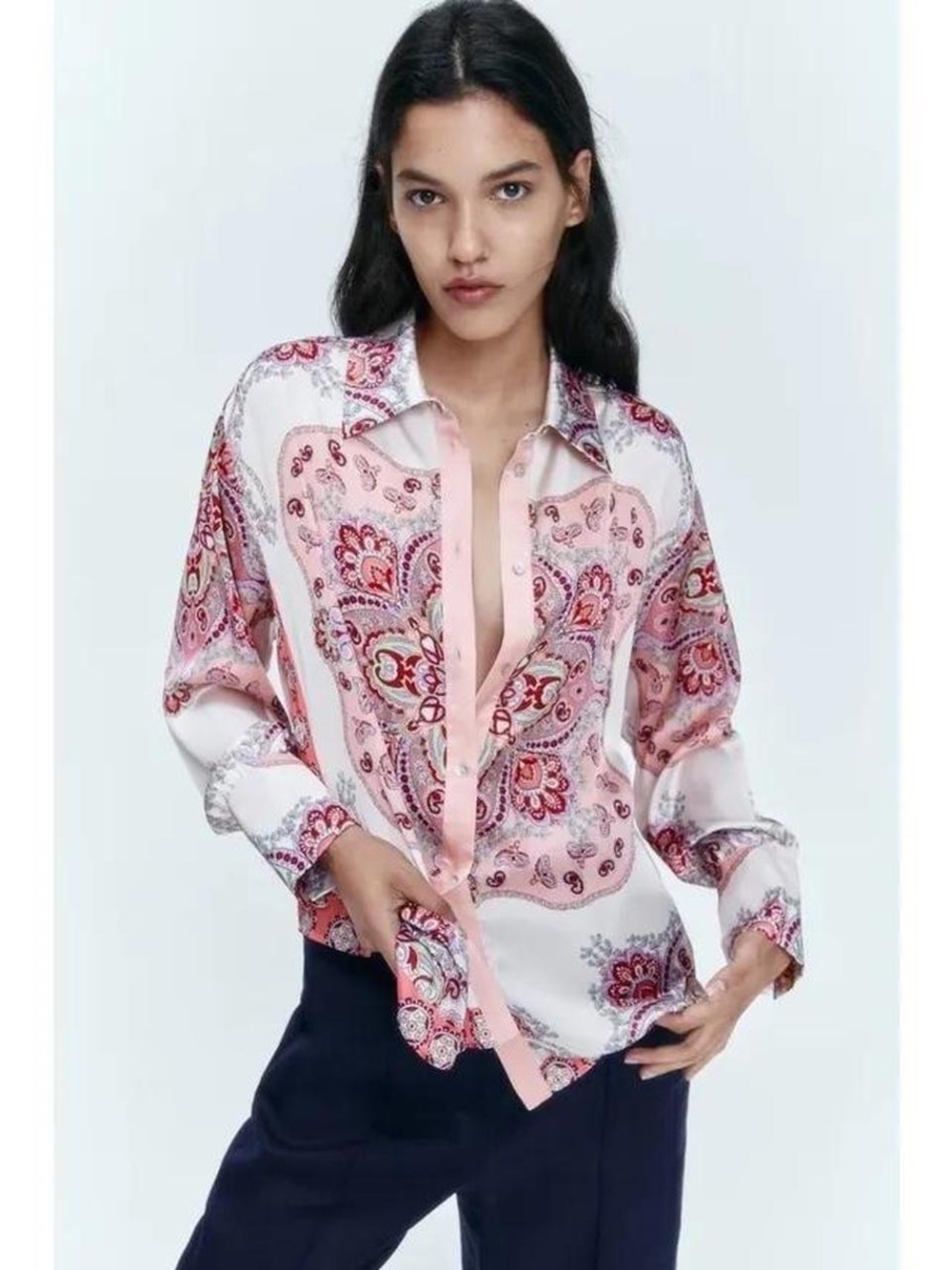 Zara Paisley Button Front Satin Shirt